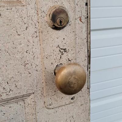 Lot 156: Vintage Farmhouse ORIGINAL TWO SIDED Chippy Paint Door w/ Original Art Glass Insert and Hardware
