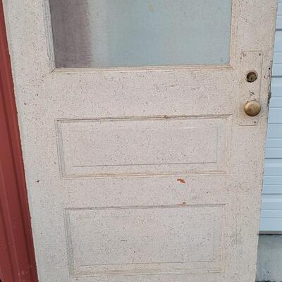 Lot 156: Vintage Farmhouse ORIGINAL TWO SIDED Chippy Paint Door w/ Original Art Glass Insert and Hardware