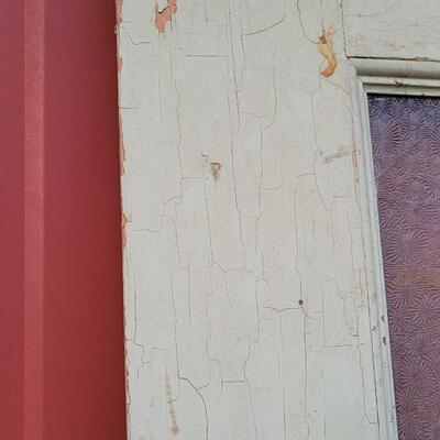 Lot 156: Vintage Farmhouse ORIGINAL TWO SIDED Chippy Paint Door w/ Original Art Glass Insert and Hardware