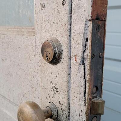 Lot 156: Vintage Farmhouse ORIGINAL TWO SIDED Chippy Paint Door w/ Original Art Glass Insert and Hardware