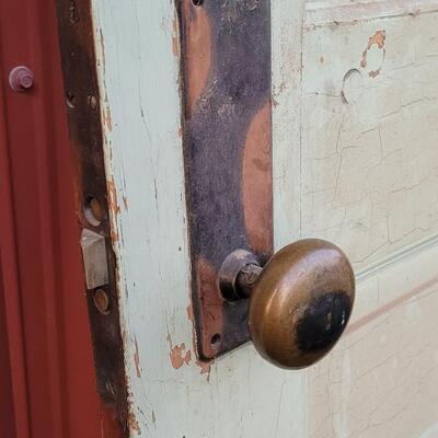 Lot 156: Vintage Farmhouse ORIGINAL TWO SIDED Chippy Paint Door w/ Original Art Glass Insert and Hardware