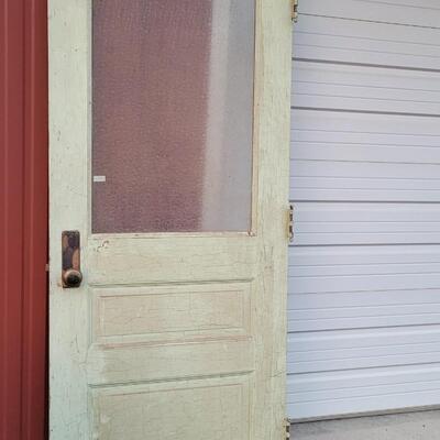 Lot 156: Vintage Farmhouse ORIGINAL TWO SIDED Chippy Paint Door w/ Original Art Glass Insert and Hardware