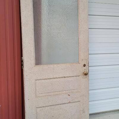 Lot 156: Vintage Farmhouse ORIGINAL TWO SIDED Chippy Paint Door w/ Original Art Glass Insert and Hardware