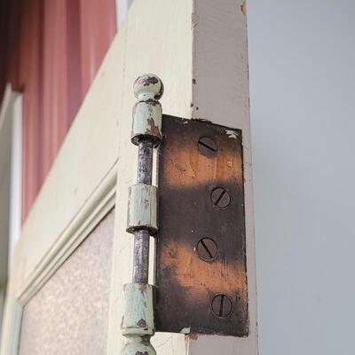 Lot 156: Vintage Farmhouse ORIGINAL TWO SIDED Chippy Paint Door w/ Original Art Glass Insert and Hardware