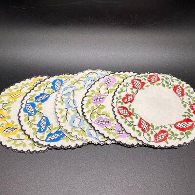 Set of 5 Vintage Embroidered Linen Coaster Table Protecters