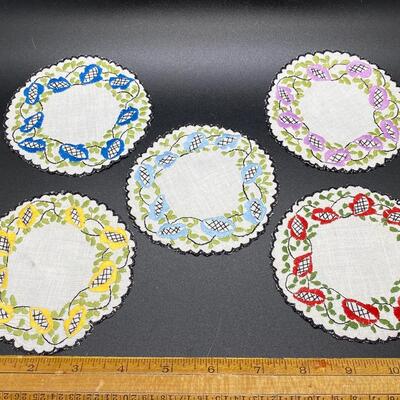 Set of 5 Vintage Embroidered Linen Coaster Table Protecters