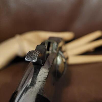 Lot 181: Antique 1878 J.W. MARLIN .30 Cal Short Rimfire Spur Trigger Bird's Eye Butt Revolver