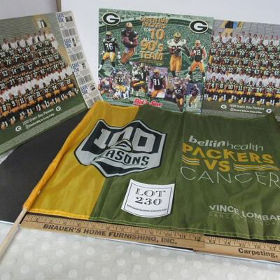 Lot of GB Packers Team Pictures 1999, 2000, Top 10 90s Team Ad, Packers Vs Cancer Flag