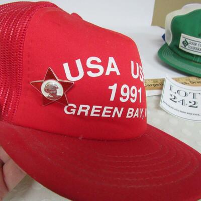 Lot of Baseball Caps, One With Pin, and Red Carrying Bag