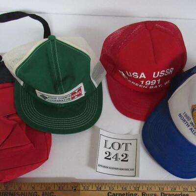 Lot of Baseball Caps, One With Pin, and Red Carrying Bag