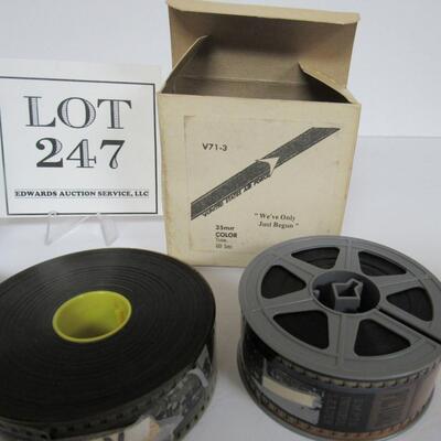 35 mm Film Reels, 1 Appears to be Basketball, 1 Is Indecent Proposal Trailer, 1 is USAF Wedding Only Just Begun, 1 Unknown