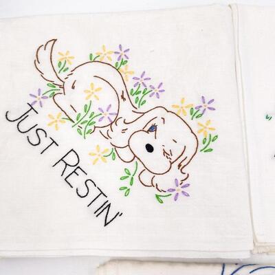 VINTAGE EMBROIDERED DOG TEA TOWELS 