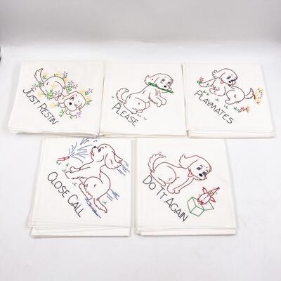 VINTAGE EMBROIDERED DOG TEA TOWELS 