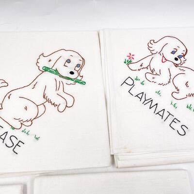 VINTAGE EMBROIDERED DOG TEA TOWELS 