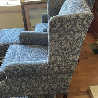 Lot 010 - Blue Ethan Allen Chairs and Foot Stool