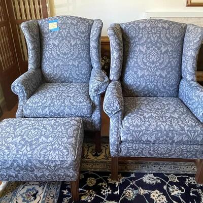 Lot 010 - Blue Ethan Allen Chairs and Foot Stool