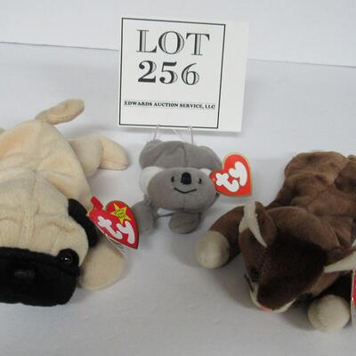 3 Vintage Beanie Babies:  Pounce the Cat, Puglsey the Pug Dog, Mel Teenie Beanie