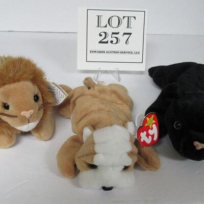 3 Vintage Beanie Babies:  Roary the Lion, Velvet the Black Panther, Wrinkle the Dog