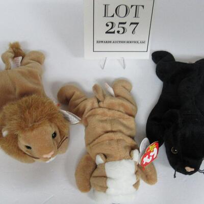 3 Vintage Beanie Babies:  Roary the Lion, Velvet the Black Panther, Wrinkle the Dog