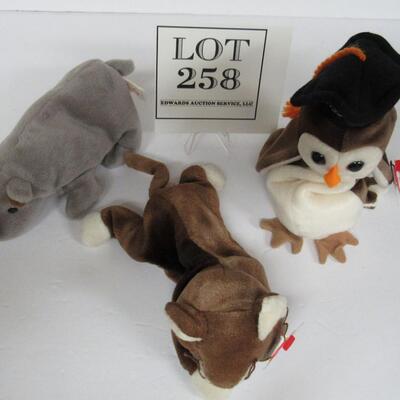 Lot of 3 Vintage Beanie Babies:  Pounce the Cat, Wise the Owl, Rhino (no tag)