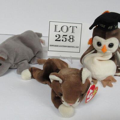 Lot of 3 Vintage Beanie Babies:  Pounce the Cat, Wise the Owl, Rhino (no tag)