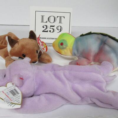 Lot of 3 Vintage Beanie Babies: Happy the Hippo, Iggy the Igwana, Sly the Fox 