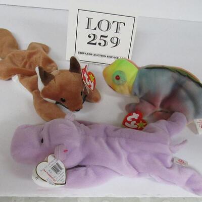 Lot of 3 Vintage Beanie Babies: Happy the Hippo, Iggy the Igwana, Sly the Fox 
