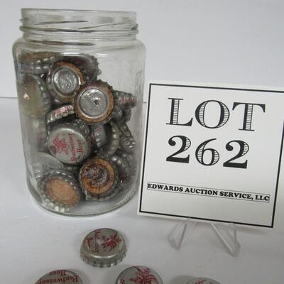 Jar of Older Budweiser Beer Bottle Caps, Some Have Cork Inside
