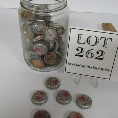 Jar of Older Budweiser Beer Bottle Caps, Some Have Cork Inside