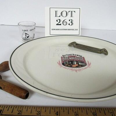 Vintage Bar Related Lot: Lake Geneva Shot Glass, Goebel Bottle Opener, Nice Portland Brewing Brewhouse Tap Room and Grill Platter,...