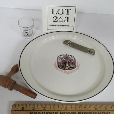 Vintage Bar Related Lot: Lake Geneva Shot Glass, Goebel Bottle Opener, Nice Portland Brewing Brewhouse Tap Room and Grill Platter,...