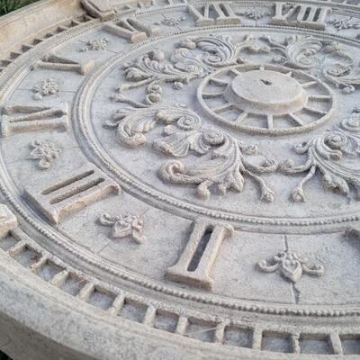 Lot 255: Vintage Sun Dial Themed Patio Coffee Table (Plaster Composite) w/ Glass Top