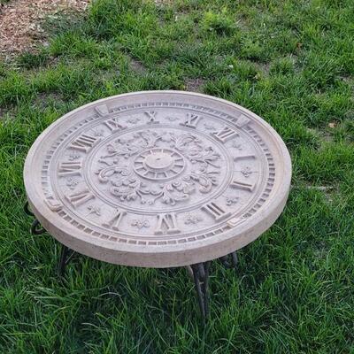 Lot 255: Vintage Sun Dial Themed Patio Coffee Table (Plaster Composite) w/ Glass Top
