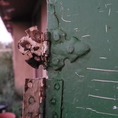 Lot 260: Vintage Green Farmhouse Door w/ Original Hardware CHIPPY PAINT