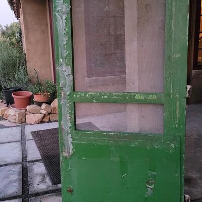 Lot 260: Vintage Green Farmhouse Door w/ Original Hardware CHIPPY PAINT