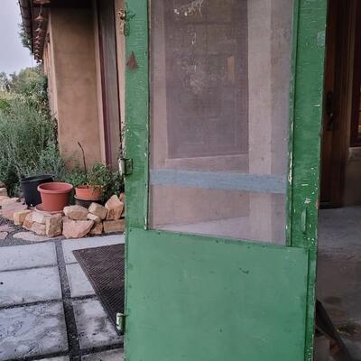 Lot 260: Vintage Green Farmhouse Door w/ Original Hardware CHIPPY PAINT
