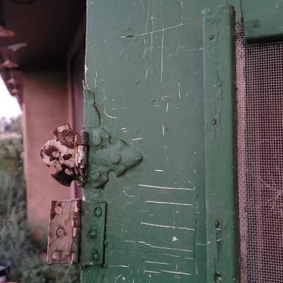 Lot 260: Vintage Green Farmhouse Door w/ Original Hardware CHIPPY PAINT