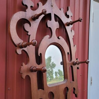 Lot 269: Antique Farmhouse MAHOGANY Entryway Tree (has damage but piece comes with to repair) 