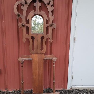 Lot 269: Antique Farmhouse MAHOGANY Entryway Tree (has damage but piece comes with to repair) 