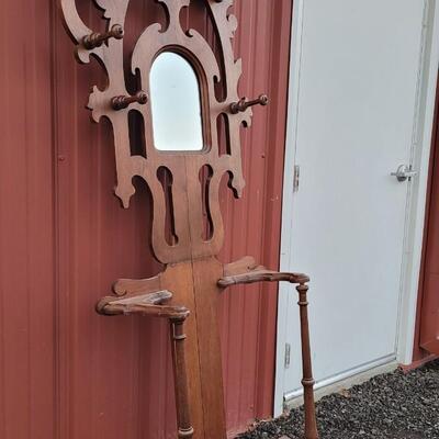 Lot 269: Antique Farmhouse MAHOGANY Entryway Tree (has damage but piece comes with to repair) 
