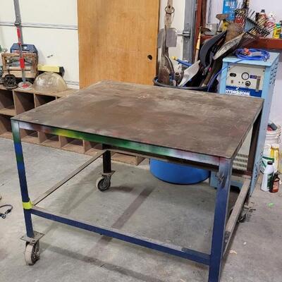 Lot 272: Vintage Steel Worktable Handmade Welding Utility Surface w/ Coaster Wheels 