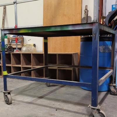 Lot 272: Vintage Steel Worktable Handmade Welding Utility Surface w/ Coaster Wheels 