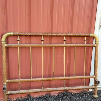Lot 282: Antique Cast Iron and Brass Bed (w/ Wood Veneer Accents)