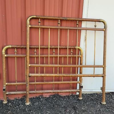 Lot 282: Antique Cast Iron and Brass Bed (w/ Wood Veneer Accents)