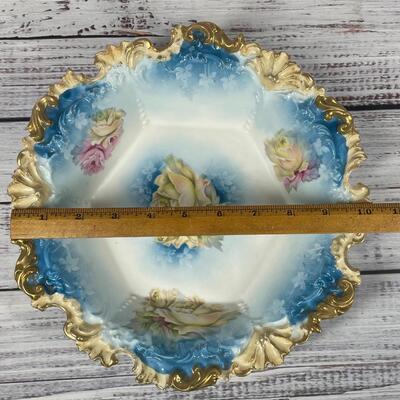 Antique Ruffled Edge Porcelain Blue & Gold Floral Bowl
