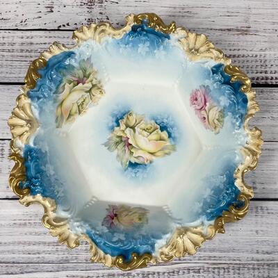 Antique Ruffled Edge Porcelain Blue & Gold Floral Bowl