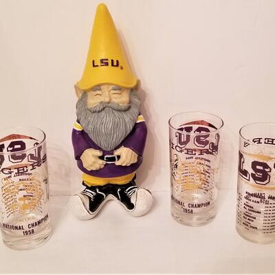 Lot #42  Three LSU Vintage Glasses and LSU Gnome