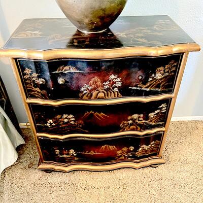 LOT 3  CONTEMPORARY PAIR OF HAND PAINTED CHINOISERIE 3 DRAWER CHESTS ASIAN INFLUENCE DESIGN 