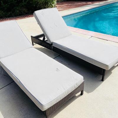 LOT 7  PAIR OF OUTDOOR CHAISE LOUNGES FAUX WICKER BASE NEEDS NEW CUSHIONS 
