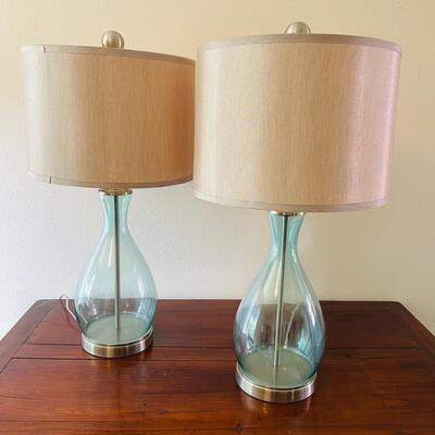 LOT 10  PAIR OF MODERN CLEAR BLUE GLASS TABLE LAMPS W/SILK SHADES 